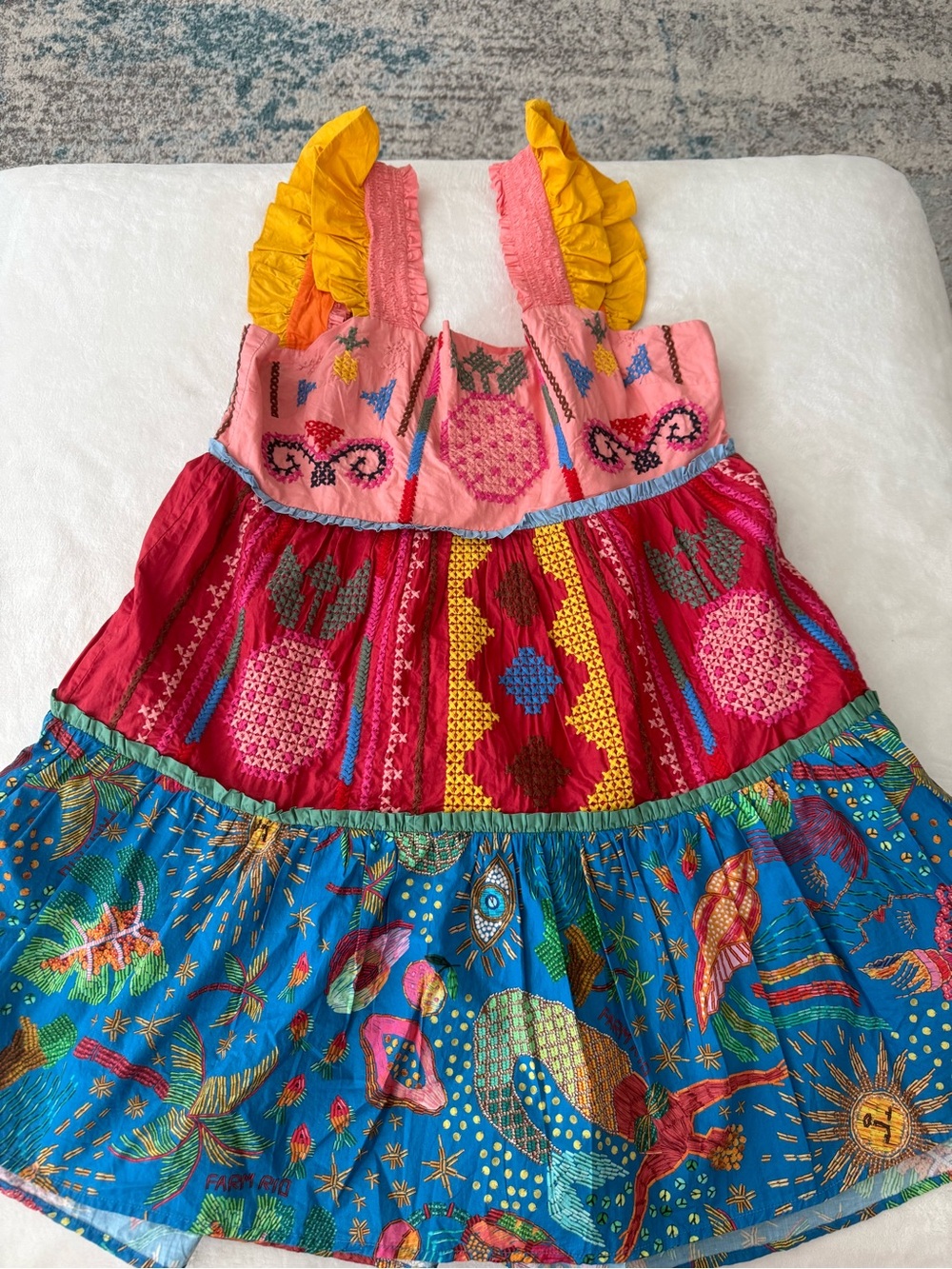 Farm Rio Embroidered Multicolor Block Cross-Stitch Tiered Cotton Minidress L D93